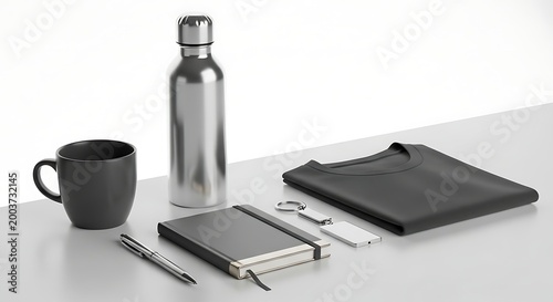 Assortment of corporate promotional items arranged on a white surface for branding.