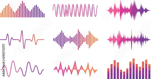 Comprehensive Set of Colorful Digital Sound Waveforms and Audio Equalizer Visualizations Featuring Vibrant Gradients Isolated on a Clean White Background for Music Production
