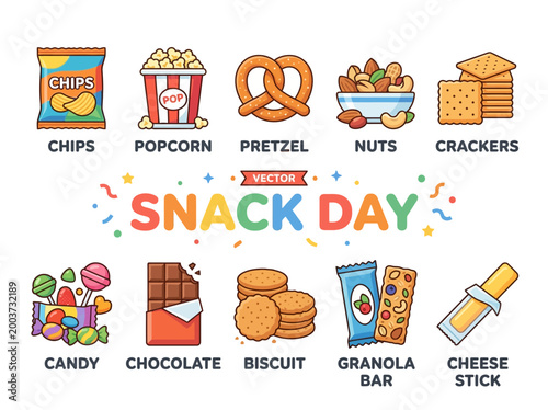 A vibrant vector illustration showcasing a diverse collection of popular snack foods, perfect for celebrating snack day