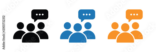Photos People communication icon set featuring speech bubbles in multiple colors, clean
