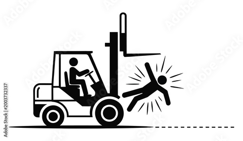 Forklift collision artwork, detailed high resolution image of a warehouse incident where a worker is hit by a moving forklift, highlighting danger