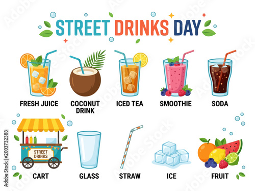 Vibrant collection of refreshing street drinks and fruits to celebrate a special day, featuring juices, coconut, iced tea, smoothies, and soda