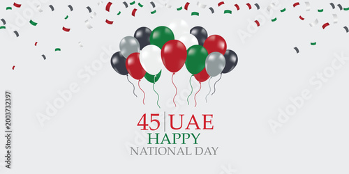UAE National Day Celebration: A vibrant cluster of balloons in the colors of the UAE flag dance above the celebratory message of the national day, enhanced by cascading confetti.