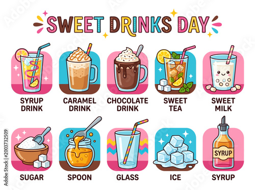 A vibrant illustration celebrating Sweet Drinks Day with a variety of popular beverages and sweet treats, perfect for festive promotions and holiday designs
