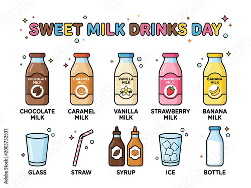 Sweet Milk Drinks Day Celebration with Chocolate, Caramel, Vanilla, Strawberry, and Banana Milk Varieties