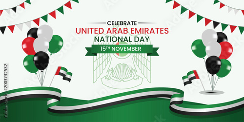 United Arab Emirates National Day: A vibrant graphic, adorned with balloons, flags, and festive banners, announces the celebration of United Arab Emirates National Day on November 15th.