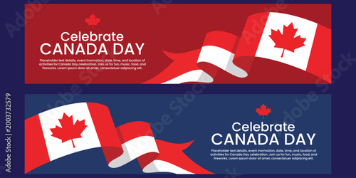 Canada Day Banner: A vibrant banner design celebrating Canada Day, featuring a flowing Canadian flag and the words Celebrate Canada Day. This design conveys national pride.