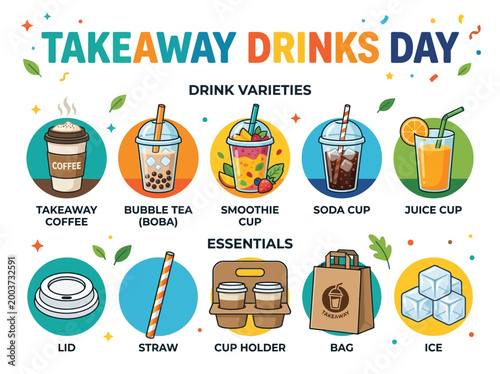 A vibrant illustration celebrating Takeaway Drinks Day, showcasing a variety of popular beverages and essential accessories for on-the-go enjoyment