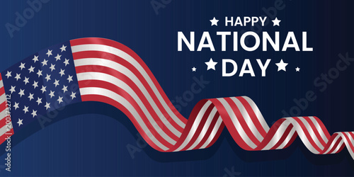 National Day Celebration: A graphic design celebrates the spirit of patriotism with an American flag ribbon. The banner features the stars and stripes on a deep blue background.