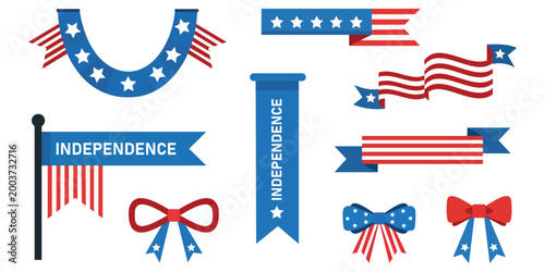 Patriotic Array: A collection of patriotic design elements, from ribbons to flags, celebrating independence with a touch of stars and stripes. 