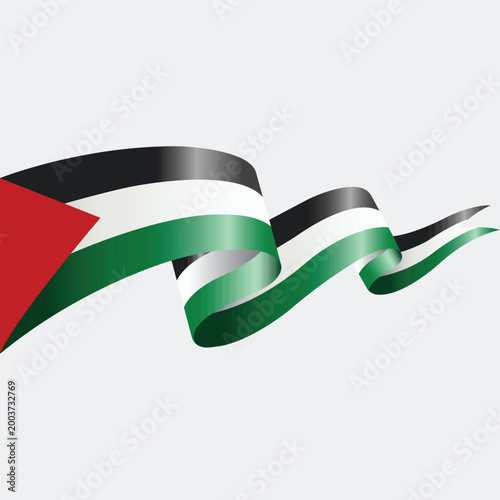 Palestinian Flag in Motion: The Palestinian flag gracefully unfurls in a dynamic, ribbon-like form, showcasing its iconic colors and symbols, representing heritage and national pride.