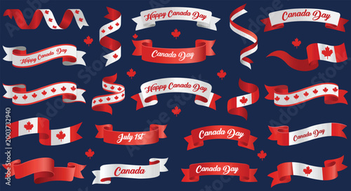 Canada Day Ribbons: A vibrant collection of celebratory ribbons, adorned with the Canadian flag and festive messages, perfect for commemorating Canada Day festivities.