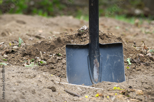 Gardening shovel stuck in freshly dug soil, ready for planting or landscaping