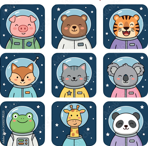 Cute Collection of Kawaii Animal Astronaut Characters Including Bear Panda Tiger and Fox Wearing Space Suits Isolated on White Background