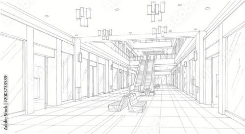 Tableau sur toile Architectural sketch of a modern shopping mall interior with escalators and shops