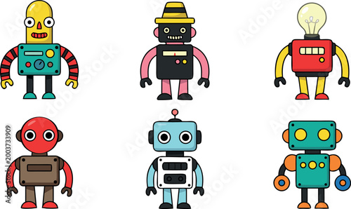 Cute Colorful Toy Robot Character Vector Collection Set Featuring Various Fun Retro Designs Including Lightbulb Head And Hat Details
