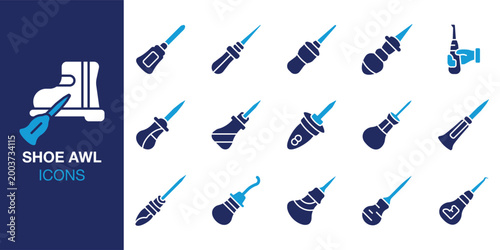 Shoe Awl icon set. Containing awl, tool, craft, leather, repair and more. Solid vector icons collection. Vector illustration.