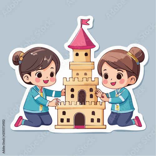 Two Children Building a Sandcastle