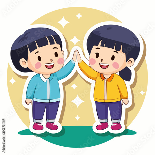 Two happy cartoon children giving a high five