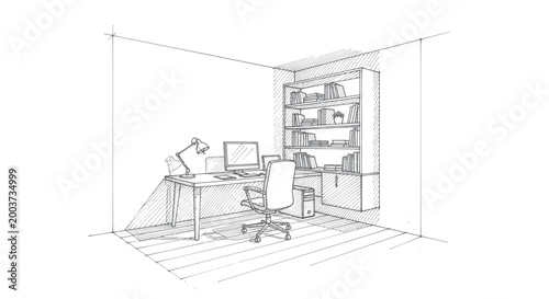 Detailed sketch of a modern home office with desk, chair, computer, and bookshelf.