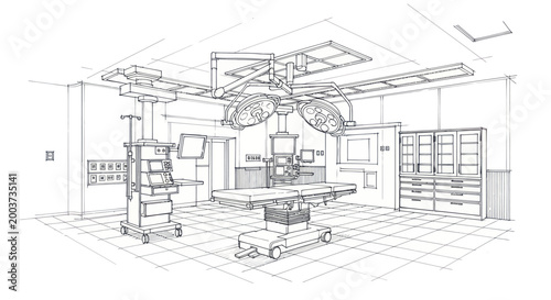 Detailed sketch of a modern operating room with advanced medical equipment.
