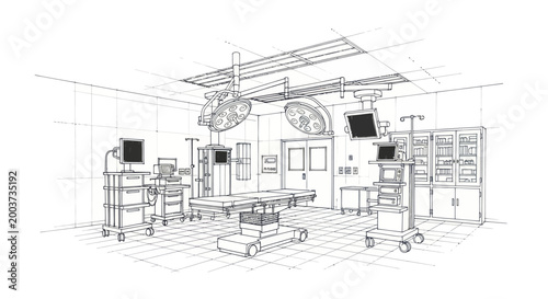 Detailed sketch of a modern operating room with medical equipment.