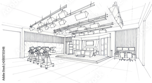 Detailed sketch of a modern television studio with cameras and lighting equipment.