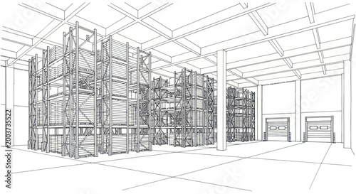 Detailed wireframe drawing of a large industrial warehouse interior.