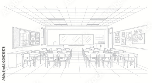 Empty classroom with desks, chairs, and a blackboard, ready for students.