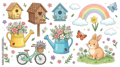 Cute Spring Garden Collection Featuring Birdhouses Watering Cans Flowers Bunny Rainbow and Bicycle Isolated on White Background for Seasonal Design