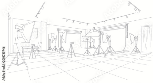 Professional photography studio setup with various lighting equipment and backdrops.