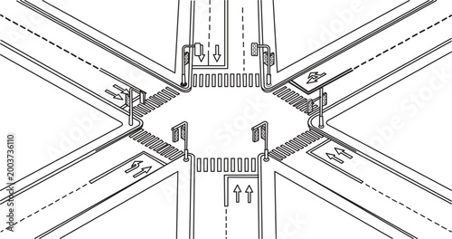  Modern outline illustration of a four-way intersection with traffic lights and road markings