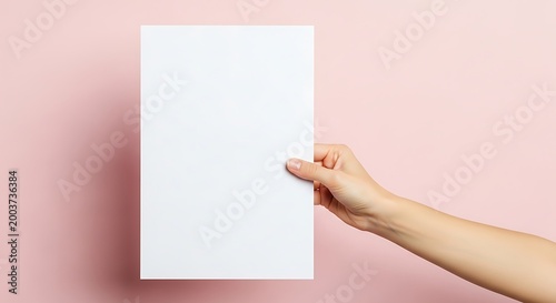 Hand holding blank white paper sheet mockup on pink background