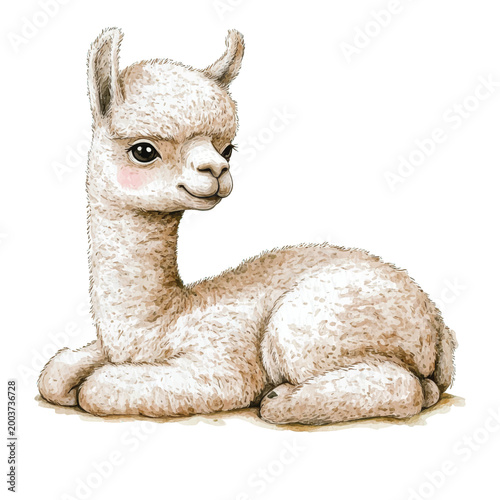 Cute white alpaca lying down relaxed.