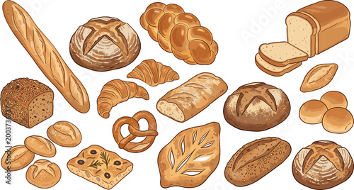Detailed Hand Drawn Vector Illustration Set of Assorted Bakery Products Including Baguette Croissant Pretzel and Sliced Loaf Bread Isolated on White