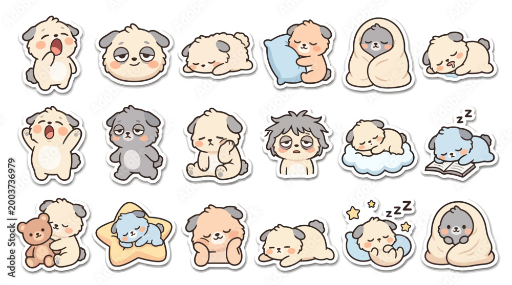 Fototapeta premium Cute Sleeping Puppy Dog Stickers, Kawaii Cartoon Vector Art