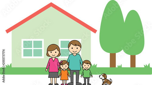 Happy Family Standing in Front of House with Trees and Pet Dog Minimalist Cartoon Vector Illustration for Home, Lifestyle, and Outdoor Concepts
