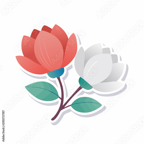 Stylized illustration of two blooming flowers, one red and one white