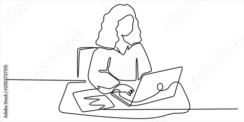 Woman working on laptop line art vector illustration minimalist continuous drawing business office productivity technology