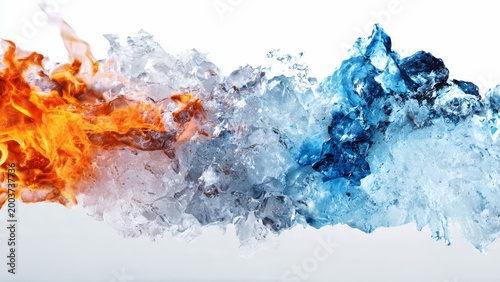 Fiery orange flames and icy blue water meet forming abstract shapes against a white background