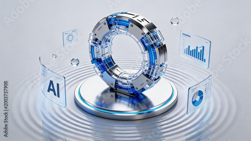 This 3D rendered visualization features a futuristic annular AI tech core with floating data analytics interfaces on a reflective glossy surface.
