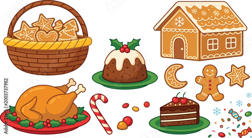 Festive Christmas Food Collection Featuring Roast Turkey Gingerbread House Cookies Candy Cane and Traditional Holiday Desserts Isolated on White