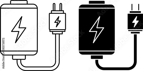 Power Bank Charger Icon Set Portable Battery Charging Cable Energy Device Vector Illustration