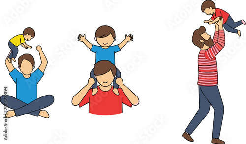 Father and Child Playtime Illustration Set Featuring Fun Activities and Bonding Moments for Parenting, Family, and Lifestyle Designs