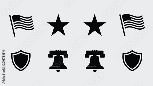 Collection of patriotic american symbols including waving flags stars shields and liberty bells presented in a clean modern graphic design for national celebration