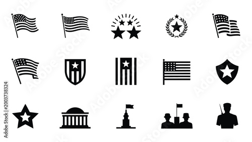 Collection of modern silhouette icons representing american national symbols government buildings patriotic themes and military figures in a clean minimalist design for diverse