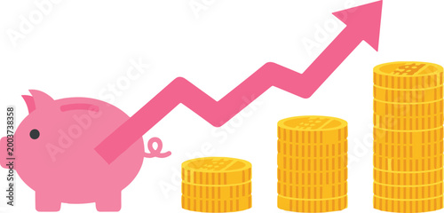 Piggy Bank with Stacked Coins and Growth Arrow for Savings, Investment, and Financial Growth Designs