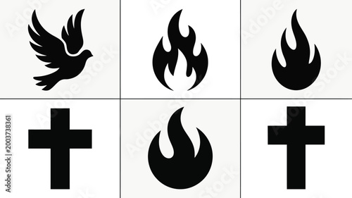 Collection of black silhouette christian religious symbols including dove crosses and flames on a clean white background representing faith spirituality and divine power