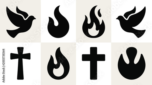 Collection of minimalist black christian and religious symbols including doves flames and crosses presented on a clean checkered background for spiritual and faith based graphic