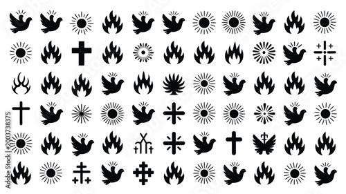 Collection of black silhouette icons representing faith spirituality and divine light including doves flames sunbursts and crosses on a white background perfect for religious